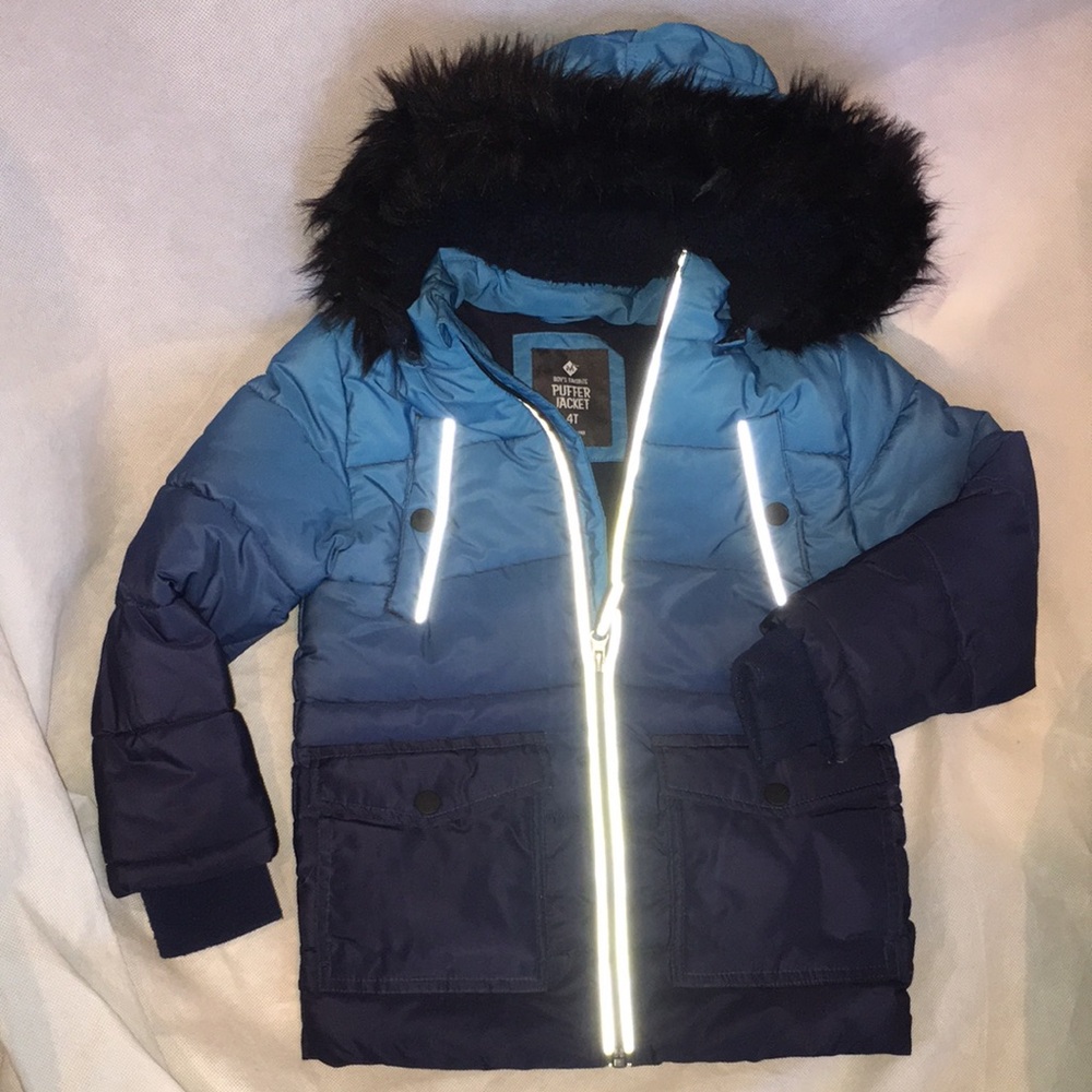 Kids Blue Ombre Puffer Jacket with removable Faux Fur Hood